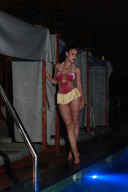 Satin Blush Jumpsuit with Elegant Fringe (Autumn/Winter Fashion Show 2024)