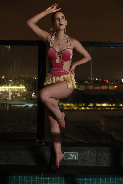 Satin Blush Jumpsuit with Elegant Fringe (Autumn/Winter Fashion Show 2024)