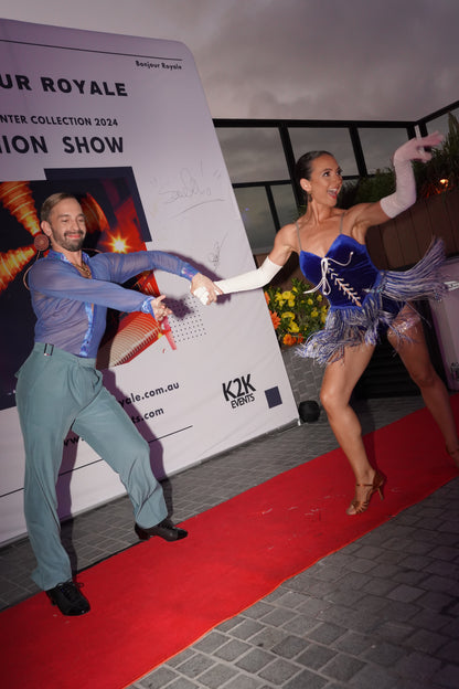 Chic Blue Spaghetti Strap Dress with Mixed Fringe Skirt (Autumn/Winter Fashion Show 2024)