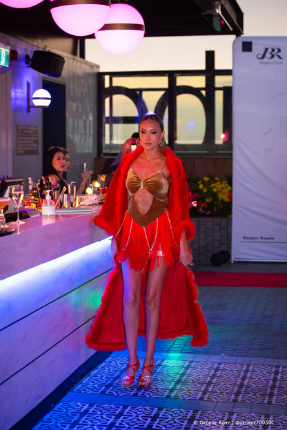 Luxurious Golden Satin Dress with Glamorous Fringe (Autumn/Winter Fashion Show 2024)