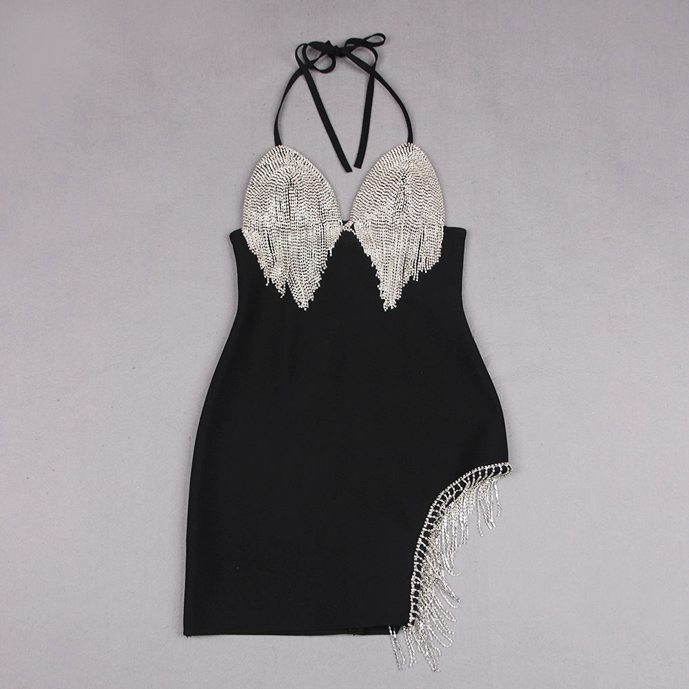 Luxurious Crystal Embellished V-Neck Spaghetti Strap Dress (Autumn/Winter Fashion Show 2024)