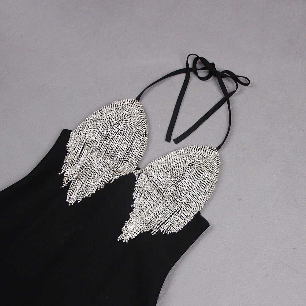 Luxurious Crystal Embellished V-Neck Spaghetti Strap Dress (Autumn/Winter Fashion Show 2024)