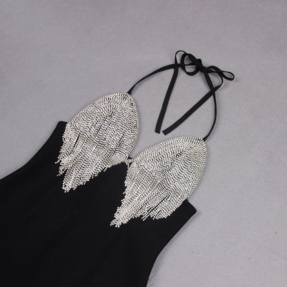 Luxurious Crystal Embellished V-Neck Spaghetti Strap Dress (Autumn/Winter Fashion Show 2024)