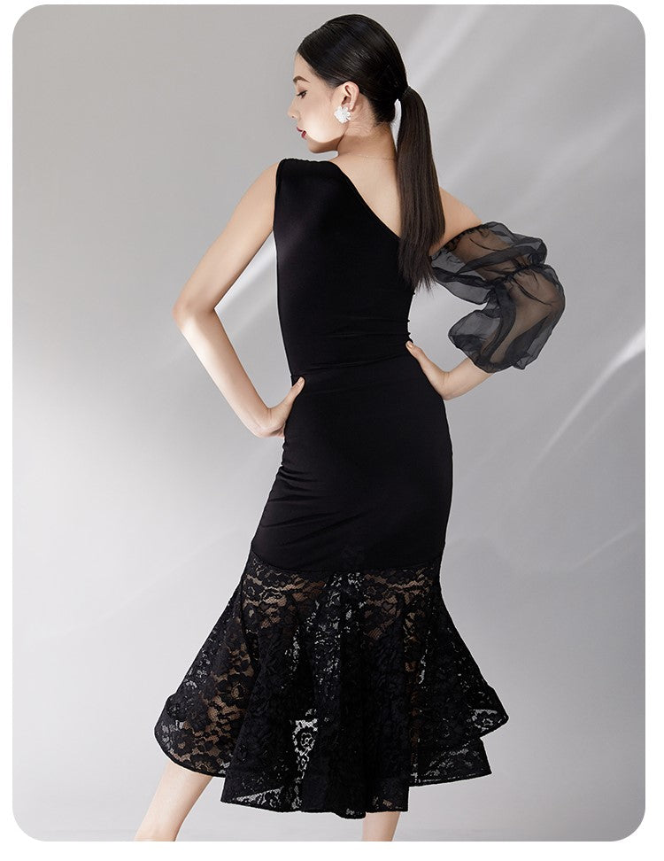 Black Ballroom Dance Dress with Chiffon Upper and Lace Lower