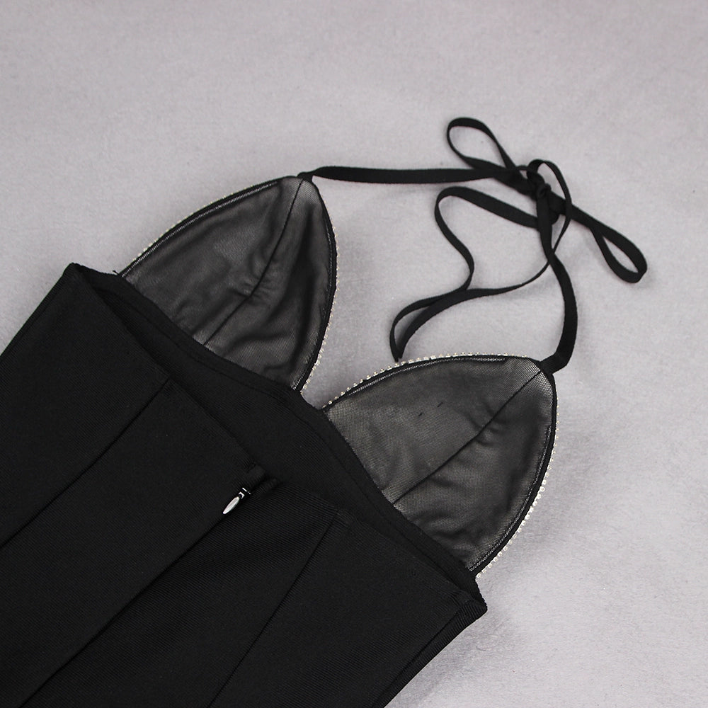 Luxurious Crystal Embellished V-Neck Spaghetti Strap Dress (Autumn/Winter Fashion Show 2024)