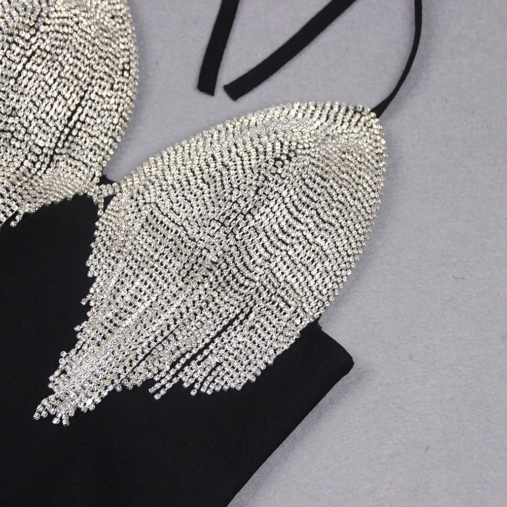 Luxurious Crystal Embellished V-Neck Spaghetti Strap Dress (Autumn/Winter Fashion Show 2024)